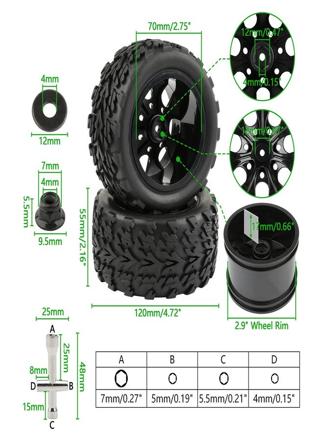 Rowiz 4PCS 1/10 Scale RC Tires and Wheels 12mm Hex - for Traxxas Rustler Stampede Slash, Off-Road Monster Truck Tires with M4 Lock Nuts & Wrench - Image 3